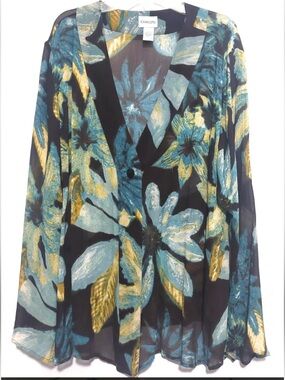 Chico’s Sheer one button duster layering top Floral 100% Silk beachy XS/S